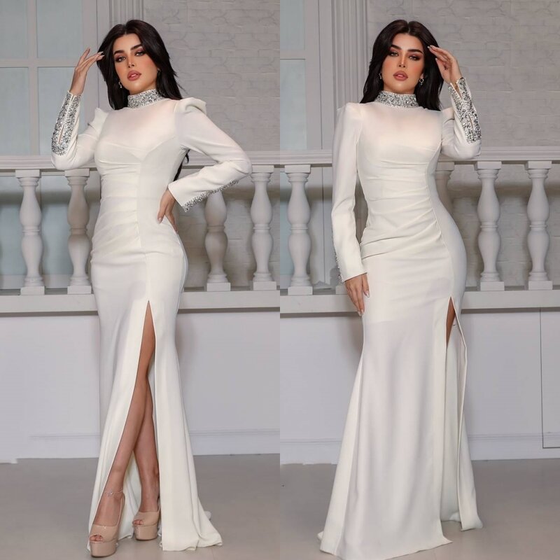 Prom Dress Avond Jersey Kralen Clubbing A-Line Hoge Kraag Op Maat Gemaakte Gelegenheidsjurk Lange Jurken Saudi-Arabië