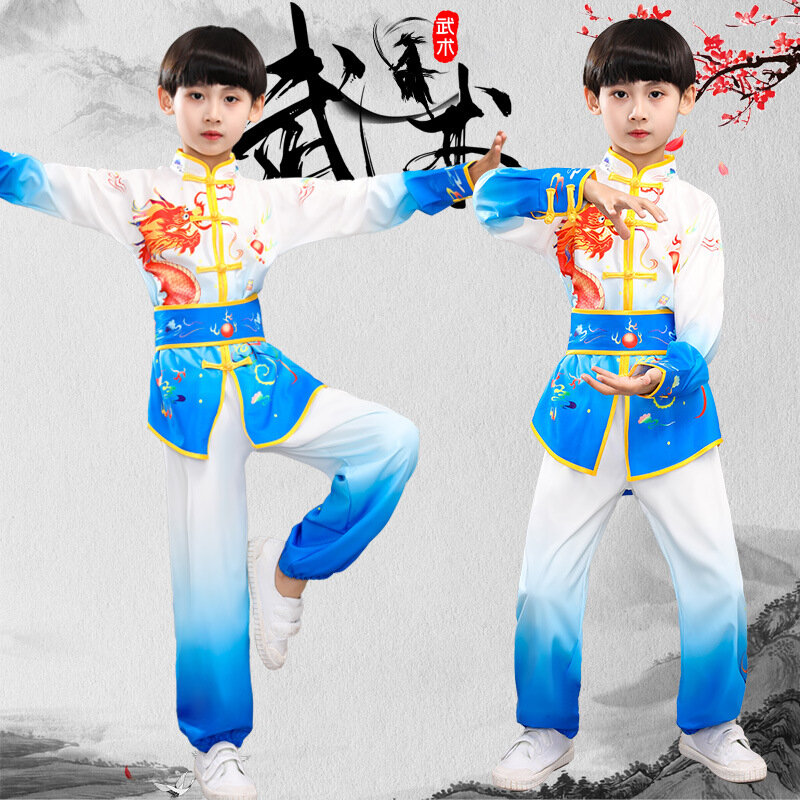 Traje de artes marciais para crianças, roupas de competição, treinamento, grupo Kung Fu, masculino e feminino, novo, verão e outono
