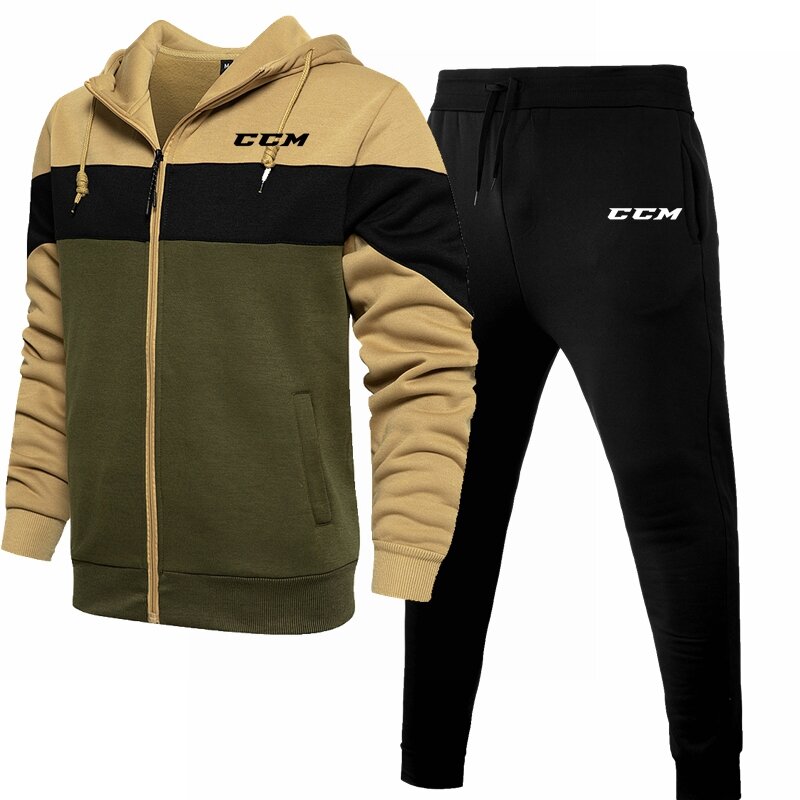Roupa esportiva masculina casual com bolsa com zíper, jaqueta CCM, calça de jogging esportiva, roupa estampada para outono e inverno, nova moda