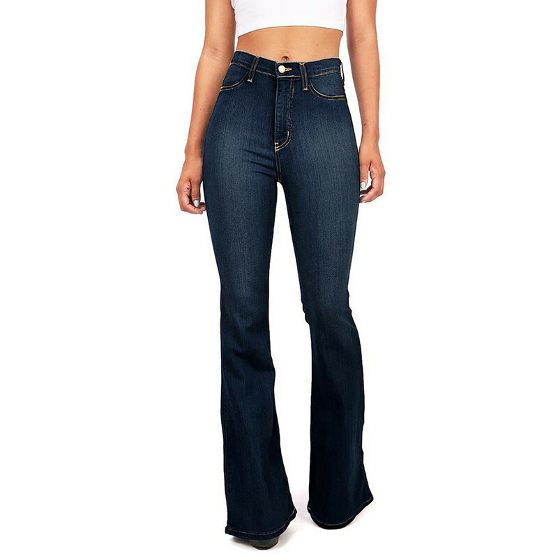 Women's Casual High Waist Flare Jeans Vintage Fashion Skinny Stretch Slim Pocket Denim Jeans Lady Sexy Button Denim Trousers