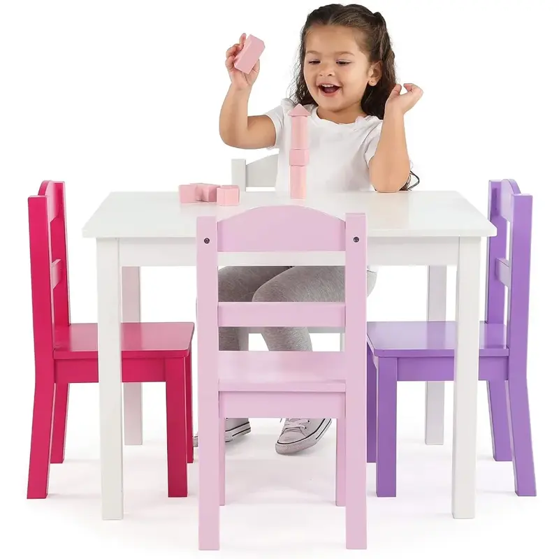 子供の木製のテーブルと椅子のセット、ダーツとクラフトに最適、スナック時間、ひびのある、白、紫、ピンク、4つの椅子が含まれています