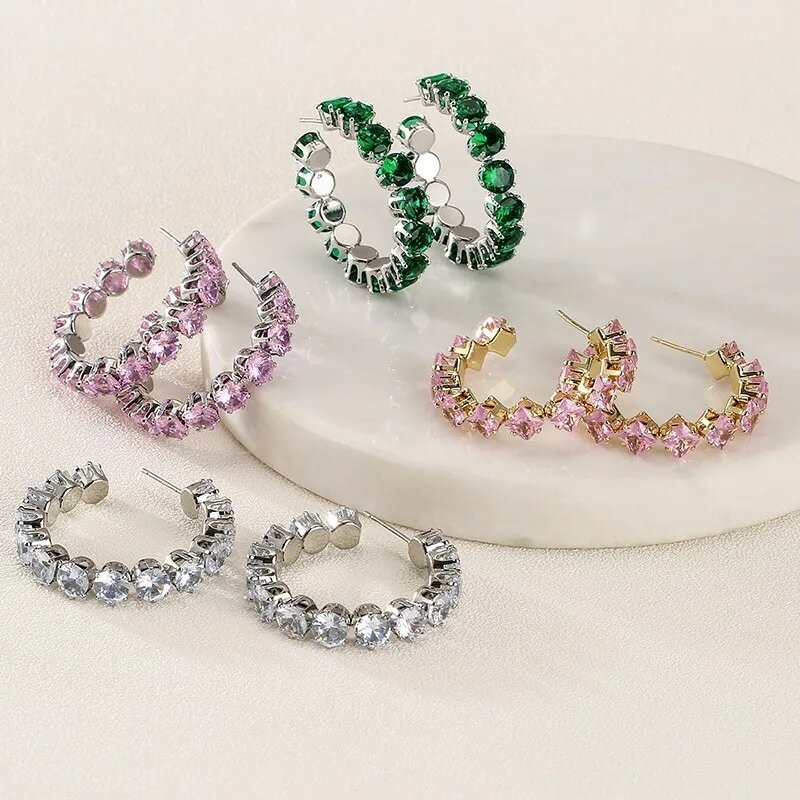 UILZ Fashion Circle Shape CZ orecchini a cerchio per le donne Round Green zircone Crystal Earring Korea Party Jewelry