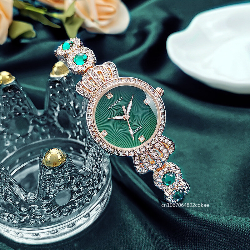 女性のための豪華なラインストーンウォッチ,女性のための緑のクォーツブレスレット,ギフト時計