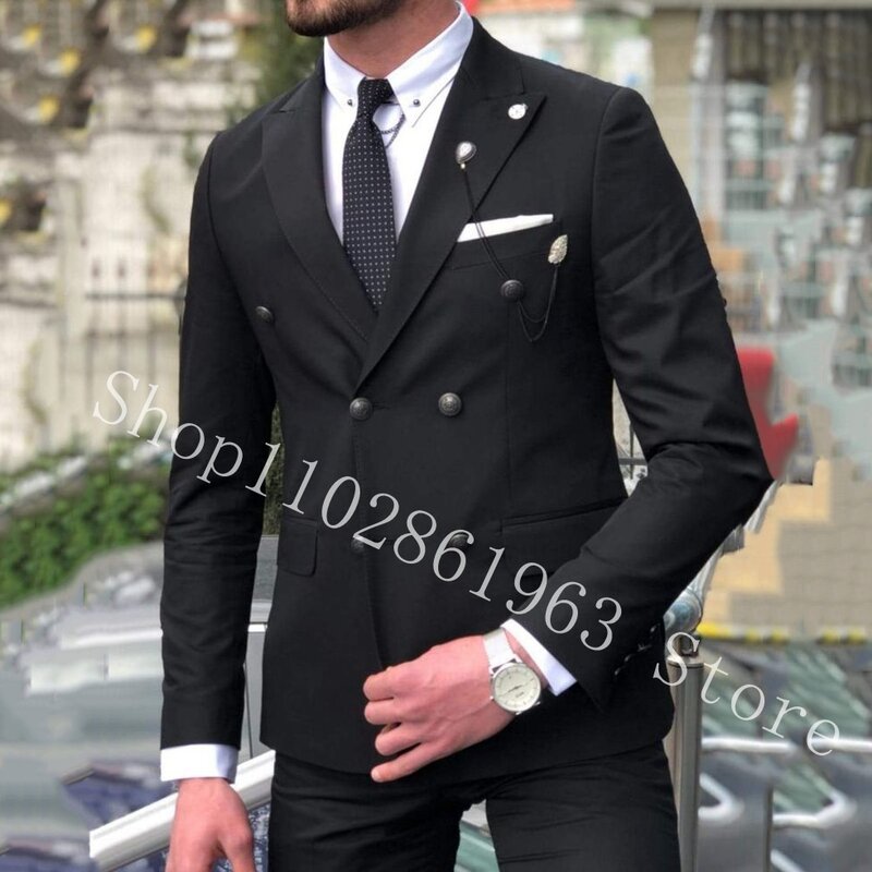 Black Formal Slim Fit Suits Blazer Pants Peak Lapel Double Breasted Best Men Tuexdos For Wedding Groom Wear Trajes De Hombre