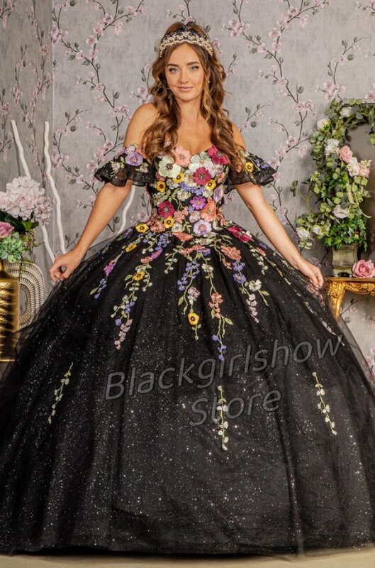 Black Vestido De 15 Quinceañeras Field Elegant Shiny Dreamy Flower Applique One Shoulder Wedding Birthday Party Dresses