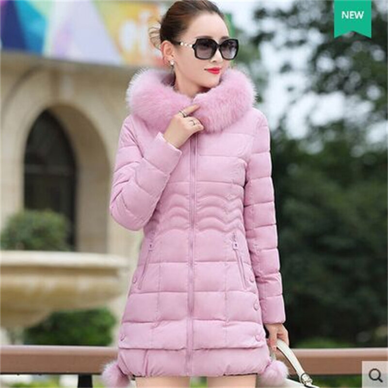 Jaket bulu palsu parka wanita, mantel berkerudung ukuran besar parka tebal musim dingin