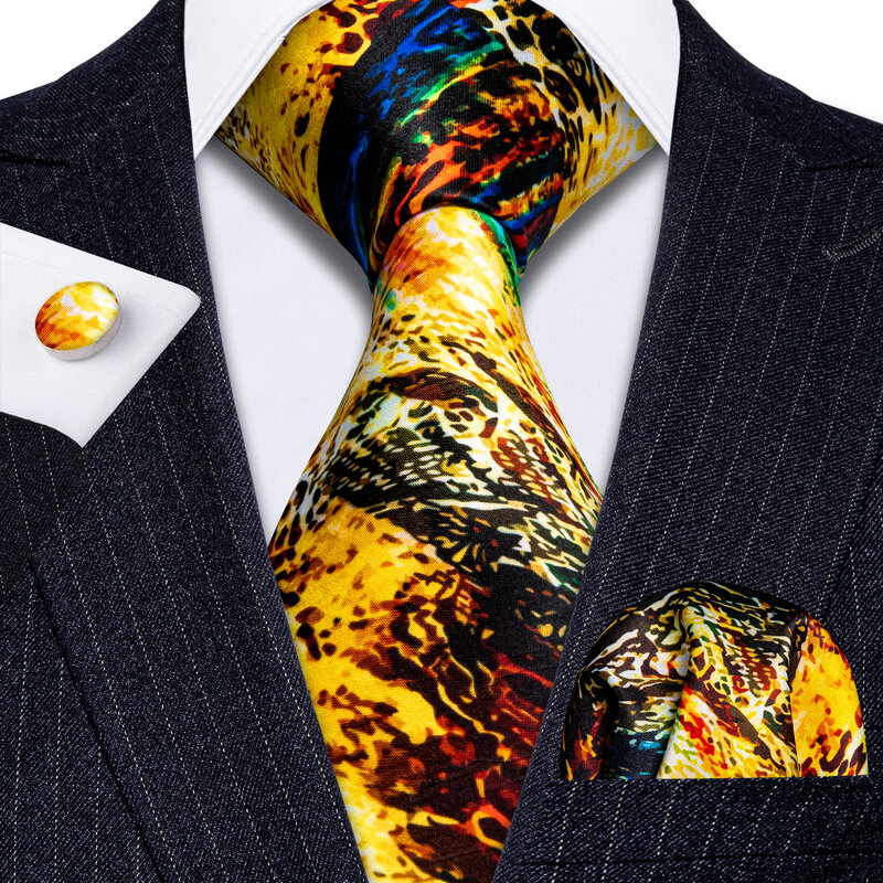 Men Tie Necktie Gravat Handkerchief Cufflinks Set Silk Ties Print Suit Party Business for Men Fashion Paisley Novelty Adult Gold