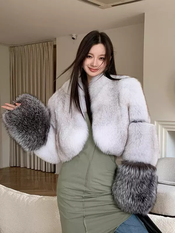 High-end Luxury Natural Fox Fur Coat for Women 2024 New Elegant Slim High Waist Cropped Fluffy Winter Real Fur Jacket