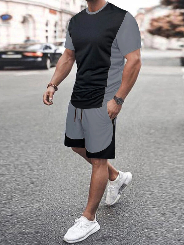 Summer Men's Fashion 2 Piece Sets Plus size Tracksuit Men's Sporty Style Printed t shirts Men T-shirt Shorts Suit