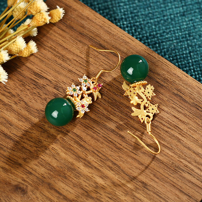 Palace Style Accessories Ancient Gold Flower Cluster Natural Chalcedony Earrings Wholesale Stall