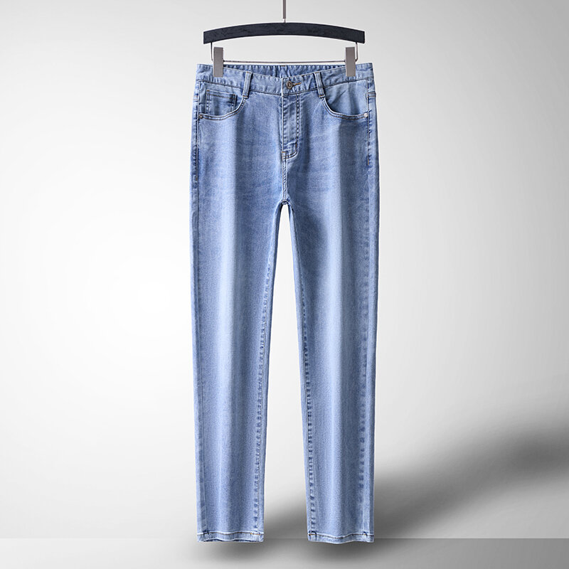 Jeans Casual da lavoro di grandi dimensioni quattro stagioni da uomo colore blu moda pantaloni dritti elasticizzati larghi Jeans di marca di alta qualità