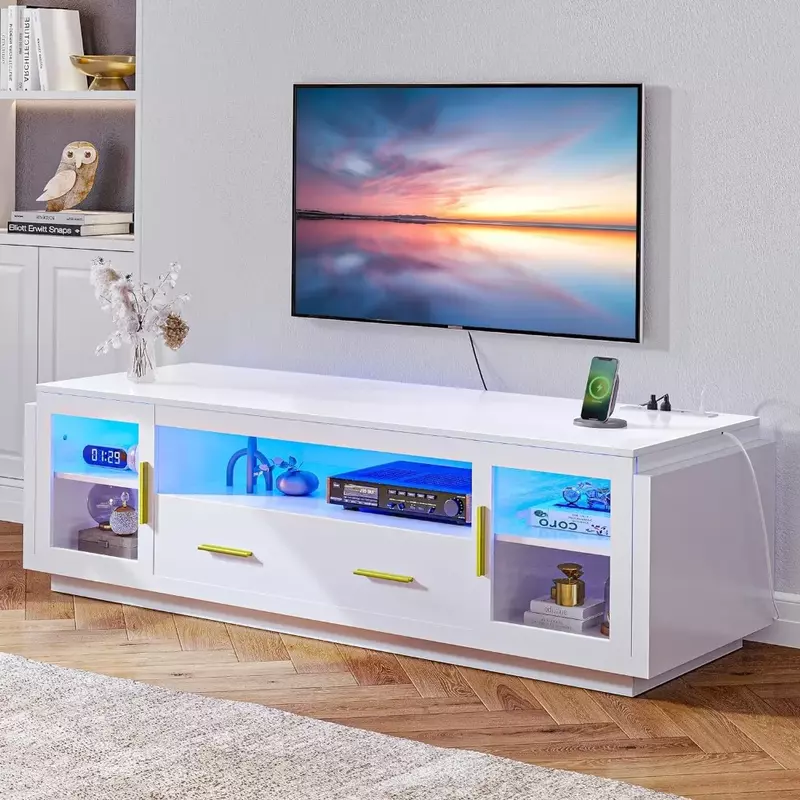 TV-Ständer für Fernseher bis zu 75 "mit LED-Steckdosen Wohnzimmer Schrank weiß & Gold Kommoden 70 Zoll modulare Möbel TV-Salon