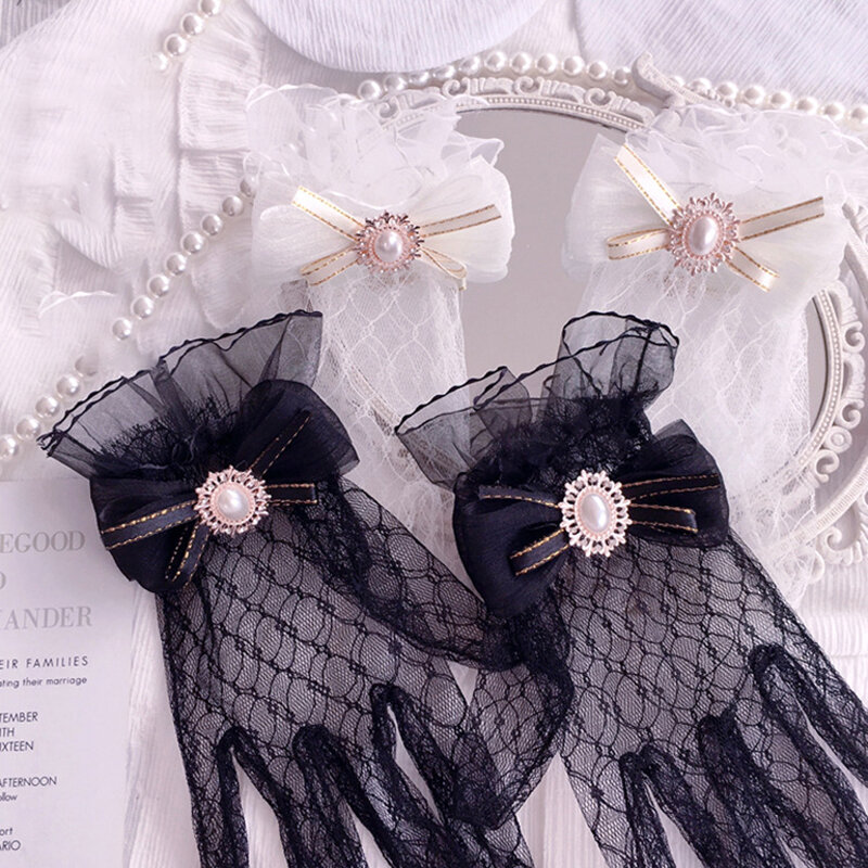 Gothique Lolita Mesh Bow Flower Lace Gloves, Black White Lace, Soft Jewelry, Japanese Girl, Sweet Wristband, Maid Cosplay