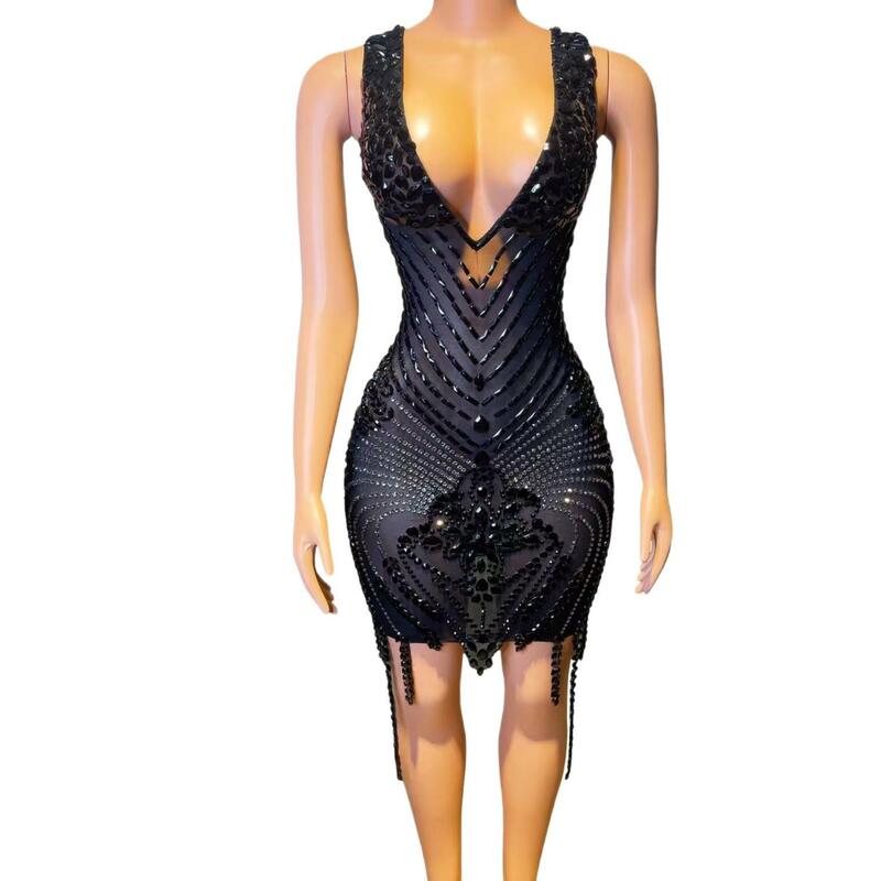 Sexy See Through Sleeveless Women Dresses Birthday Party Homecoming Gowns Black Girls Crystals Short Prom Dresses 2024 Wutiao