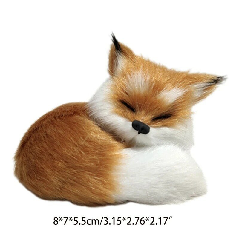 Mini estatueta de raposa de 8 cm/3'' bicho de pelúcia para decoração de quarto com pele artificial e postura deitada 3D rosto