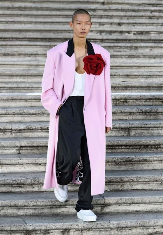 Lange rosa Männer Anzüge Hosen Set 2 Stück Blazer schwarze Hose (keine Blume) Bräutigam Hochzeit Smoking Abschluss ball Mantel maßge schneiderte Jacke