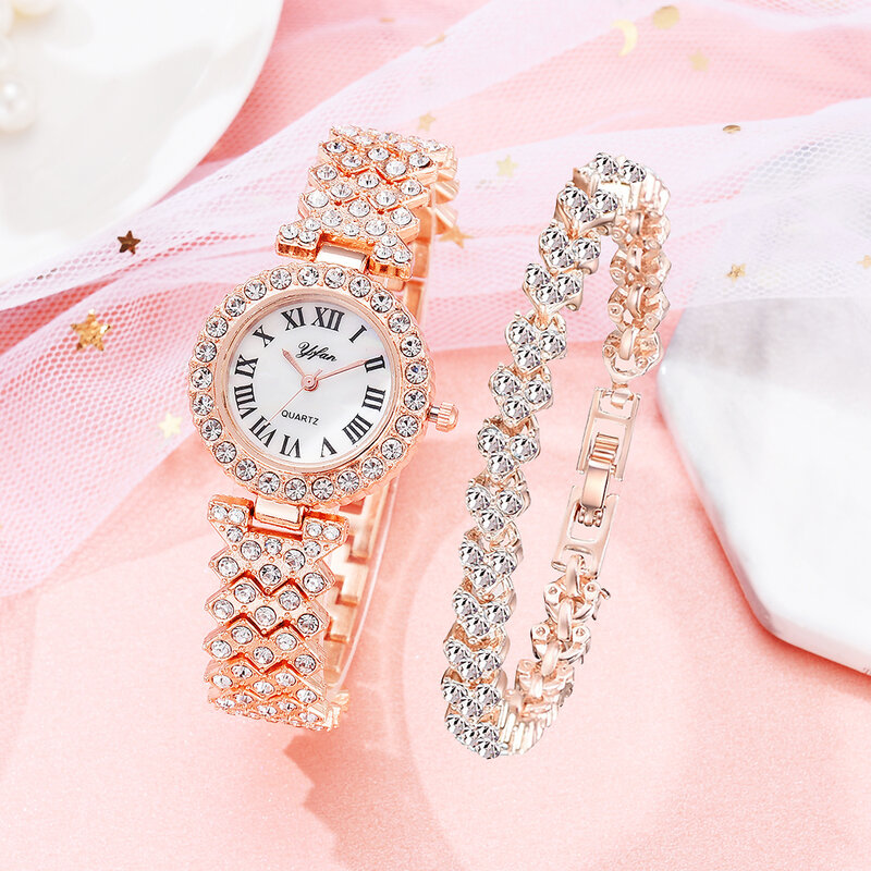 Conjunto de relógio feminino de ouro rosa, quartzo, diamante, relógio de pulso, elegante, bracelete feminino, moda feminina, 2 peças