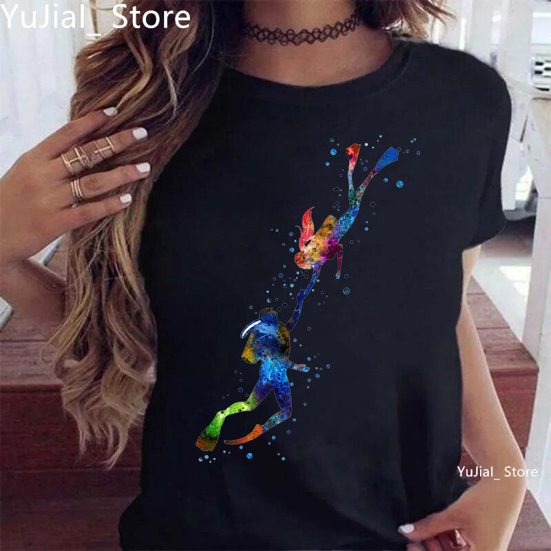 Aquarela Scuba Diving Lover Impresso T-shirt, T de arte feminina, Top bonito do verão, roupas femininas, personalizado