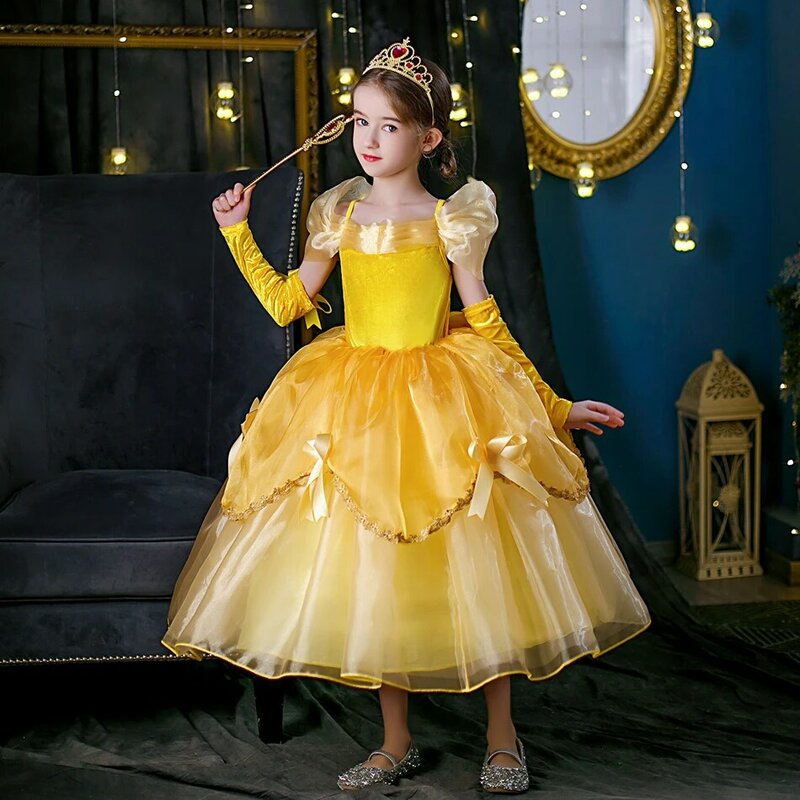 Księżniczka Cosplay sukienka dla dziewczyn kostium dla urody i bestii dzieci odzież na przyjęcia magiczna korona urodziny dzieci