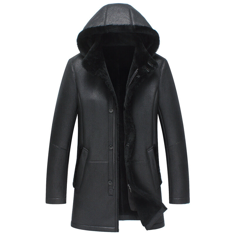 Original Ecological Sheepskin Leather and Fur in One Coat Detachable Hooded Mid-Length Genuine Jacket Men