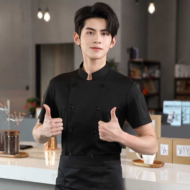 Fajny płaszcz z siatki dwurzędowa kurtka kucharska z krótkim rękawem Cook t-shirt hotelowy strój kuchenny strój roboczy szefa kuchni 4XL