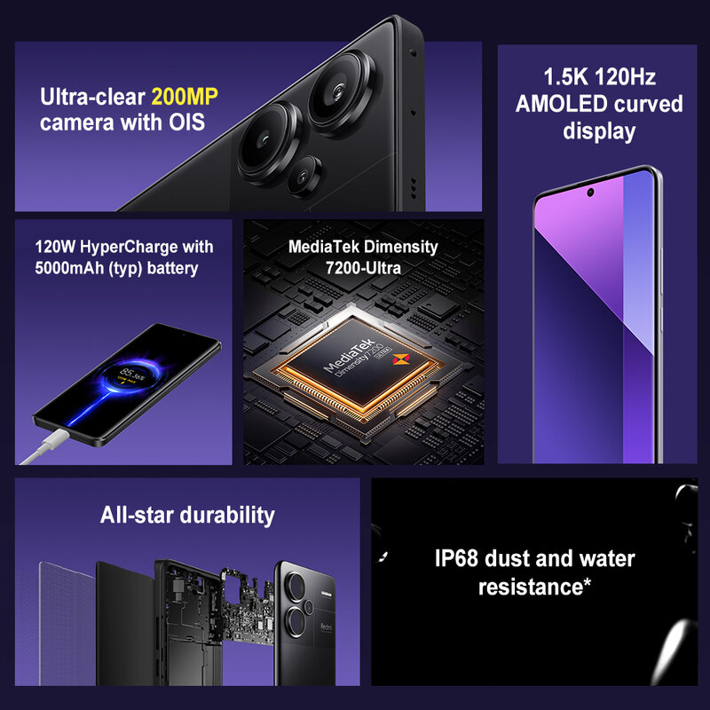 Xiaomi-Smartphone Redmi Note 13 Pro Plus, Versão Global, 5G, Câmera 200MP, Dimensidade MediaTek, 7200-Ultra, 6.67 ", 120Hz, Carga 120W