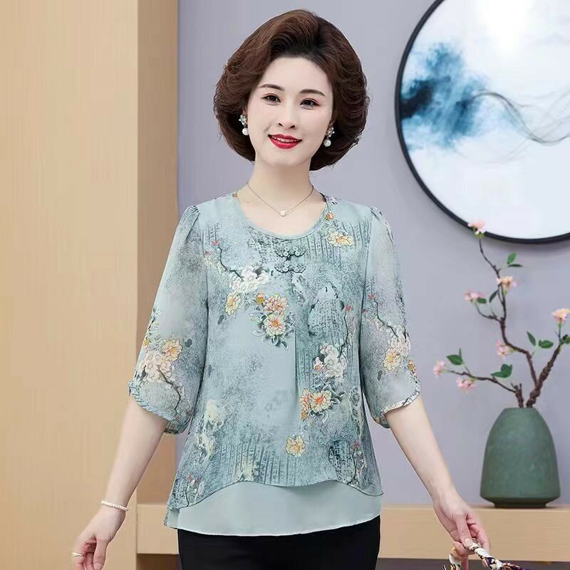 Blusa de gasa de dos piezas para mujer, camisa informal de media manga con cuello redondo, estilo de primavera y verano