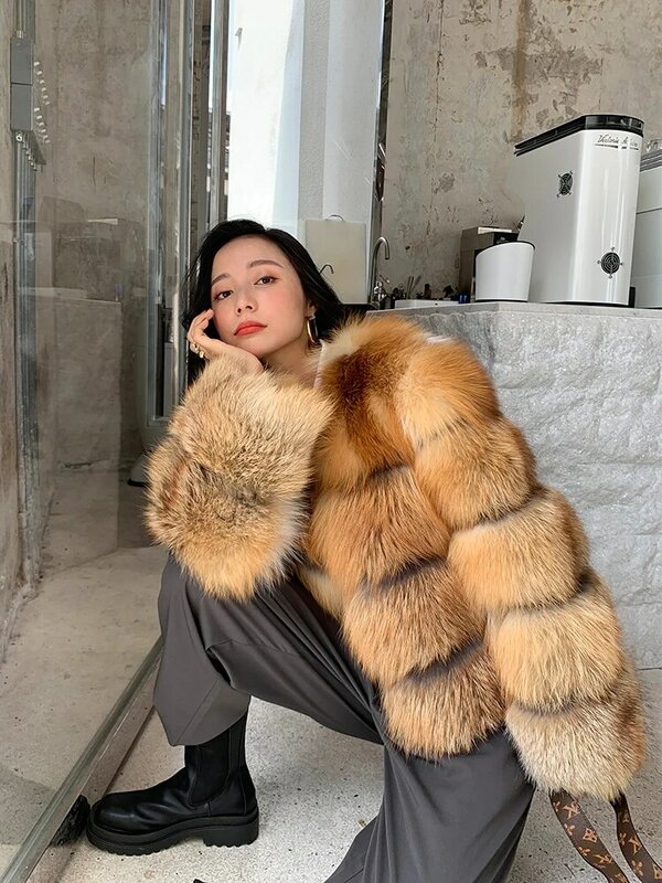 Chaquetas gruesas y cálidas de piel auténtica para mujer, abrigos de piel Natural de zorro rojo de lujo, novedad de 2023