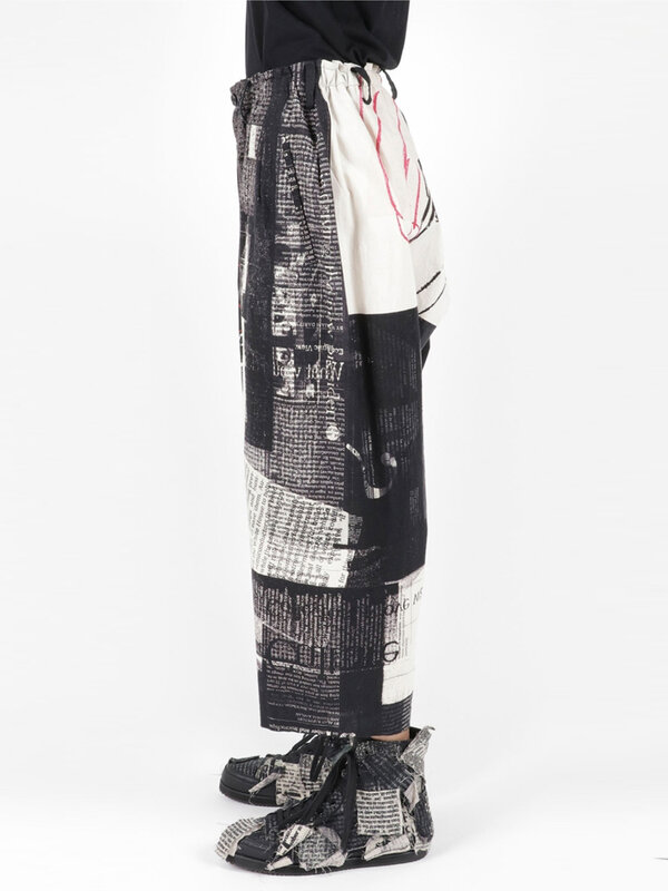 Ylinen Zhji yyamoパンツ男性用新聞印刷yohjiカジュアルパンツワイドレッグパンツスーツとパンツ