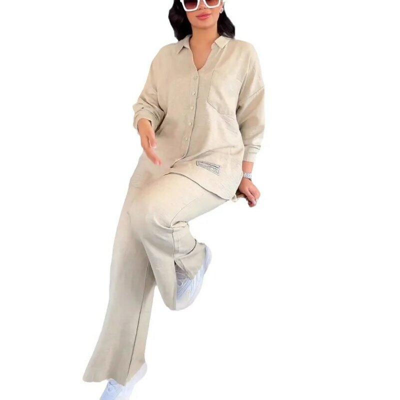 여성용 단색 헐렁한 탑 및 하이 웨이스트 슬릿 와이드 레그 팬츠 세트, 투피스 패션 긴팔 셔츠, 여성 의상