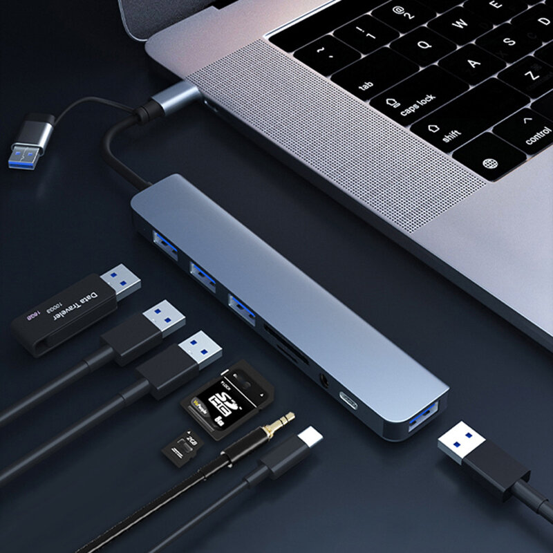 Concentrador de puertos USB 8 en 2, estación de transmisión de alta velocidad, divisor USB tipo C a USB OTG, adaptador para Macbook Pro, 5Gbps, 3,0