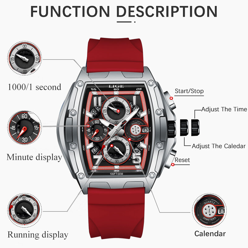LIGE 남성용 빅 쿼츠 시계, 톱 브랜드, 오리지널 스포츠 시계, 실리콘 방수 크로노그래프 손목시계