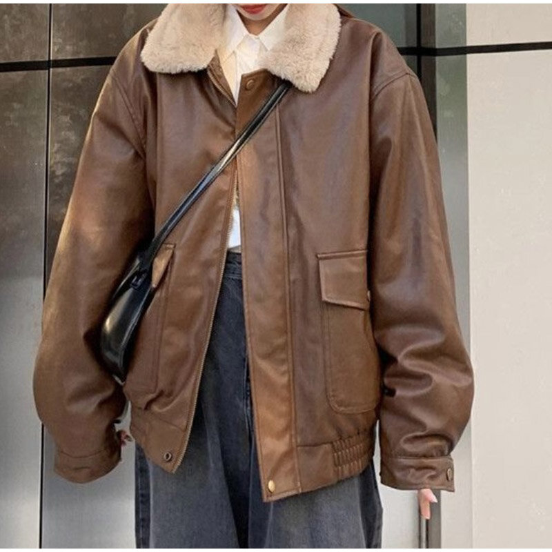 Утепленная женская кожаная куртка, пушистая Женская куртка с отложным воротником и длинным рукавом, Осень-зима 2023, уличная свободная мотоциклетная верхняя одежда