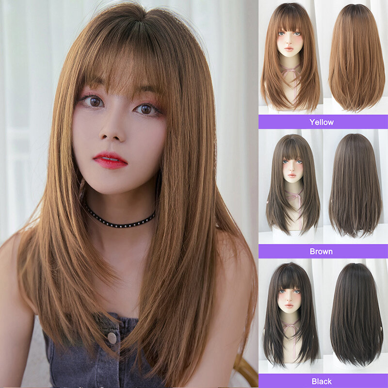 Natural Sweet Headband with Bangs Long Straight Hair for Women Synthetic Glueless Wig Heat Resistant Fibers for Daily Use