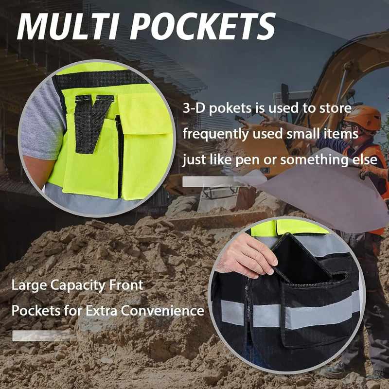 Custom LOGO Reflective Safety Vest for Men Work Reflective Vest with Pockets and Zipper Construction Vest Two Tone Workwear Vest