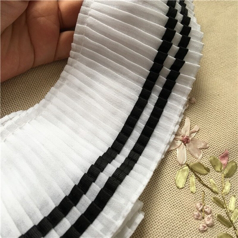 Wide 8.5CM College Style White Black Elastic Pleated Chiffon Sewing tulle Lace Ribbon Edge Trim For Dress Cloth DIY Supplies