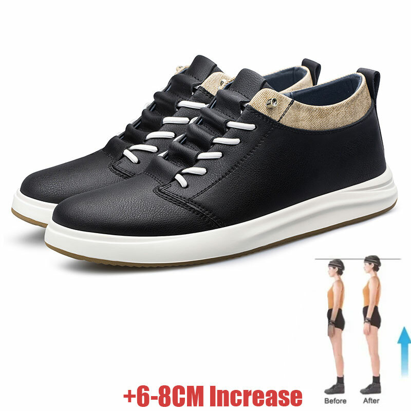 Zapatillas de deporte de cuero genuino para hombre, zapatos de aumento de altura negros, zapatos casuales de elevación blancos de lujo, 6cm, 8cm