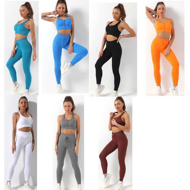 Women Yoga Set Gym Clothing Ribbed Sportswear High Waist Running Pants Fitness Leggings Seamless Sports Suits Tracksuits