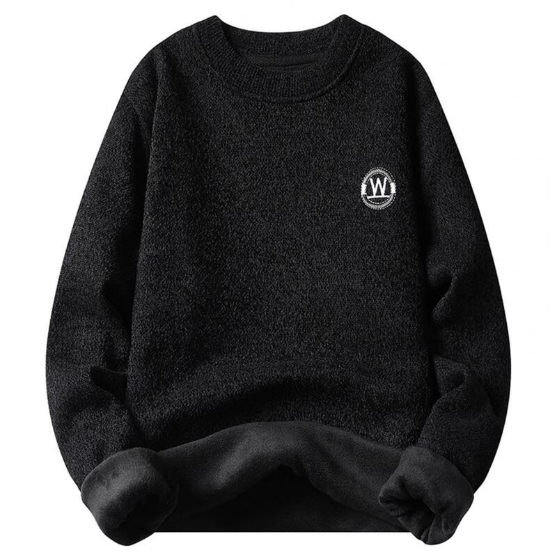 Men Knitting Sweater Men's Autumn Winter Solid Color Sweater with Fleece Lining O-neck Knitwear Thick Long Sleeve for Young