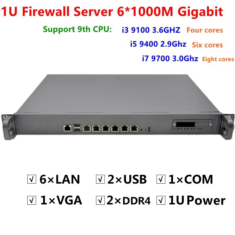 Routeur de serveur pare-feu de type rack 1U, 6x1000M, Intel i211 Lan Core i3 9100 i5 9400 i7 9700 fenêtre 10 linux RouterOS etc