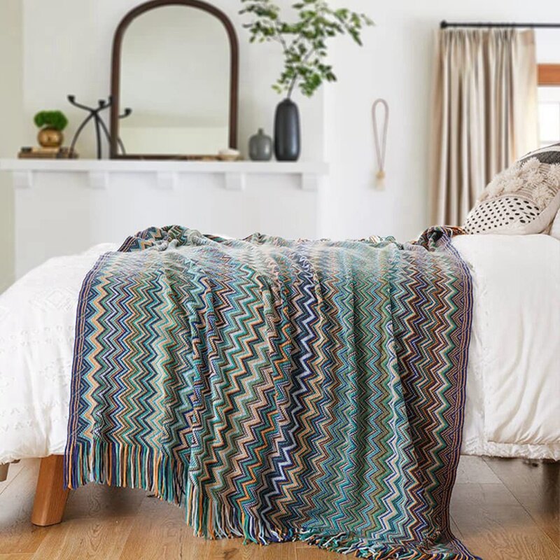 Manta bohemia de punto con borlas para sofá, sofá, cama, casa de campo, decoración, suave, cálida y acogedora