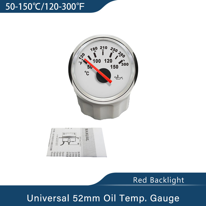 Wodoodporny 52mm temperatura oleju. Miernik miernika 50-150 ℃ z czerwone podświetlenie do ciężarówki samochodowej łódź jachtowa uniwersalna 12V 24V
