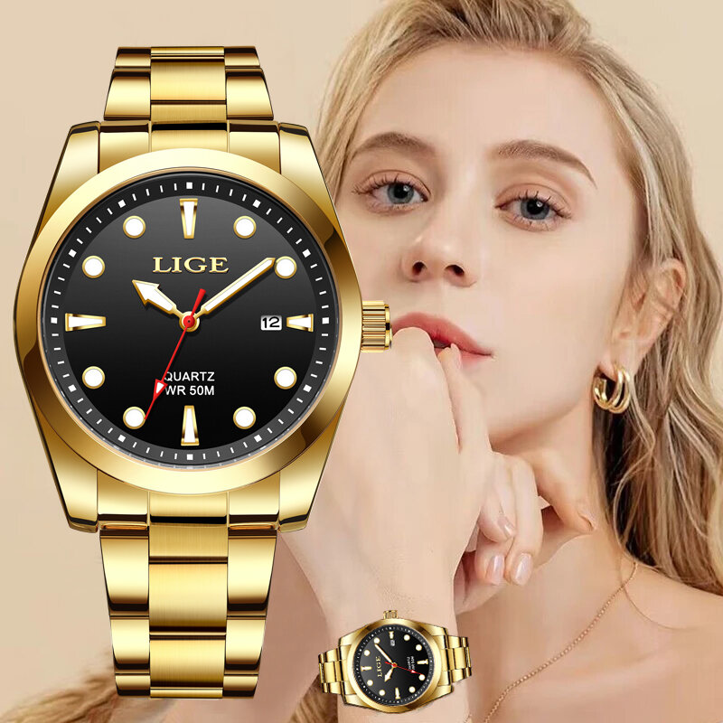 LIGE 여성용 럭셔리 방수 손목시계, 빛나는 날짜 황금 시계, 원피스 스테인레스 스틸 쿼츠 여성용 시계 및 상자
