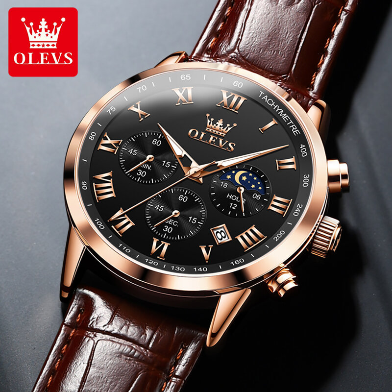 OLEVS jam tangan kuarsa untuk pria, arloji bisnis merek terbaik dengan tali kulit, jam tangan fase bulan bercahaya tahan air untuk pria