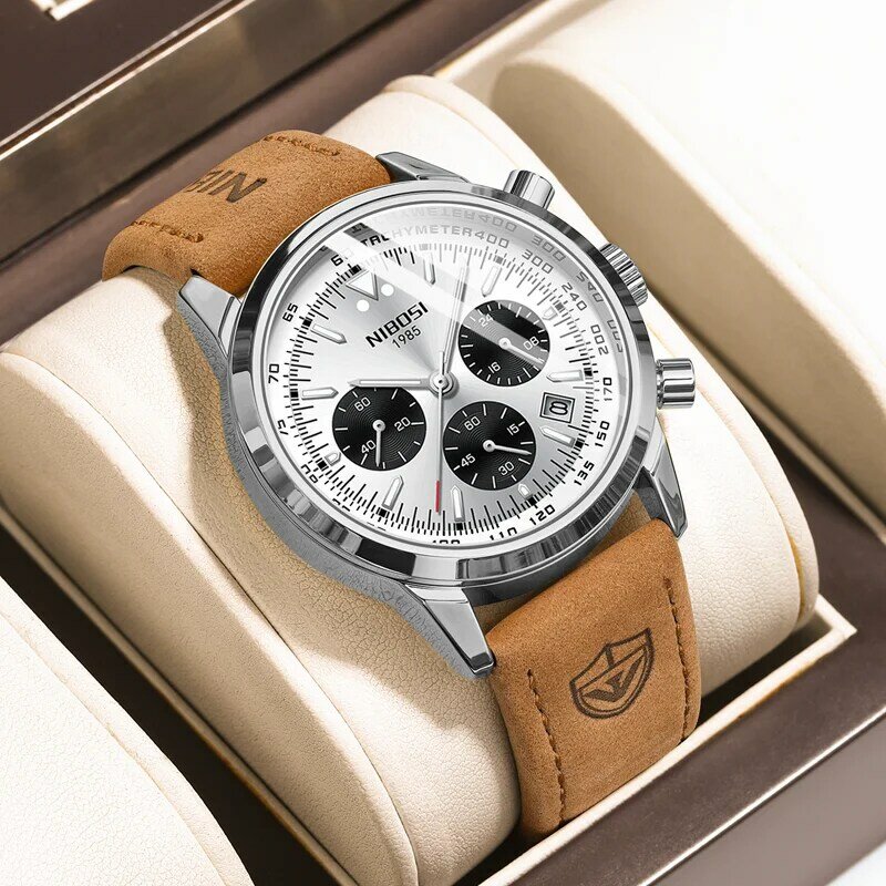 NIBOSI luksusowy chronograf mężczyźni sport wodoodporne skórzane męskie zegarki zegar Luminous data męski zegarek na rękę Relogio Masculino