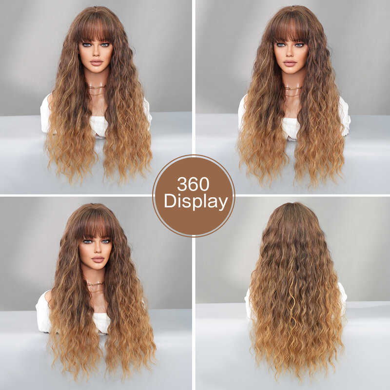 7jhh perucas-perucas longas ondas encaracoladas para mulheres, cabelo ombre marrom, alta densidade, fofo, resistente ao calor, com air bangs