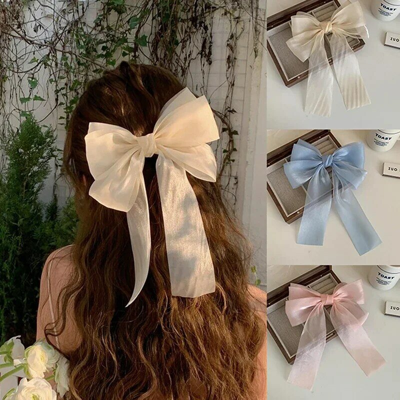 Clipe de cabelo fita grande arco para meninas, fita simples, elegante clipe de cabelo, acessórios retrô para cabelo azul e rosa, primavera e verão