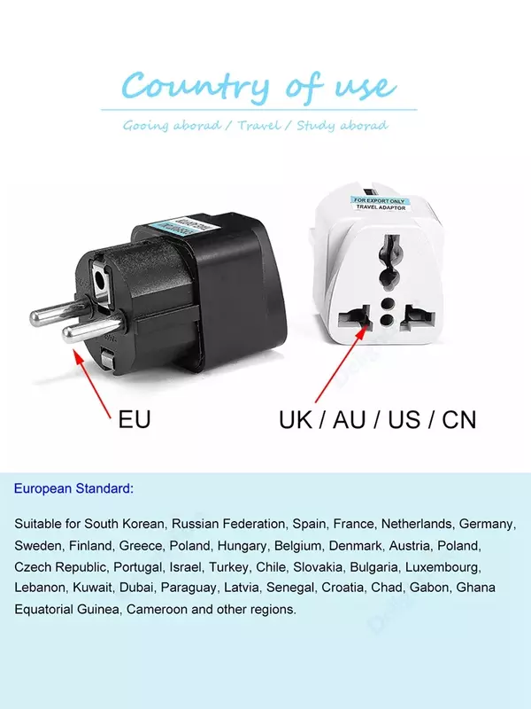 EU Plug Adapter CN American US To EU Euro European Korea Russia FR Universal Travel Adapter 2Pin AC Converter Power Adaptor