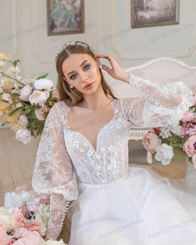 Vintage Trouwjurken A-Line Illusie Bruidsjurken Kanten Appliqueert Vloerlengte Glamoureuze Gewaden Voor Bruiden Vestidos De Novia