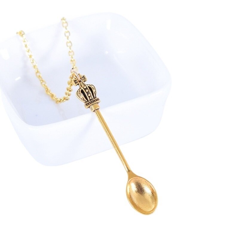 3PCS Gold Silver Plated Mini Teaspoon Crown Tea Spoon Vintage Royal Shovel Ibiza Festival Necklace